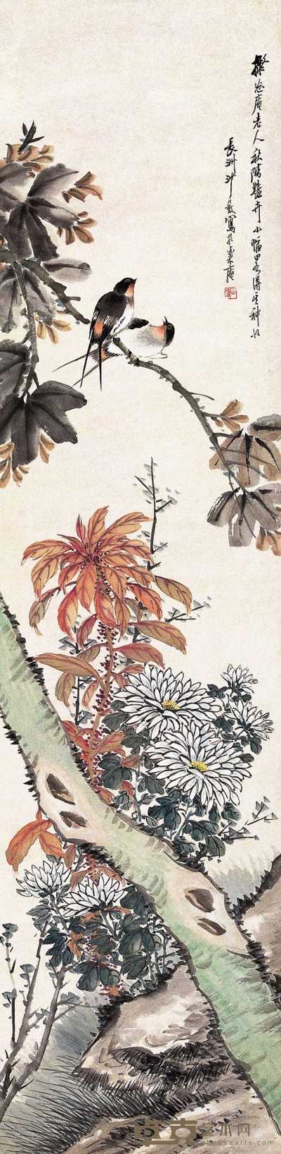 沙馥 秋菊双燕图 立轴 32.5×131cm